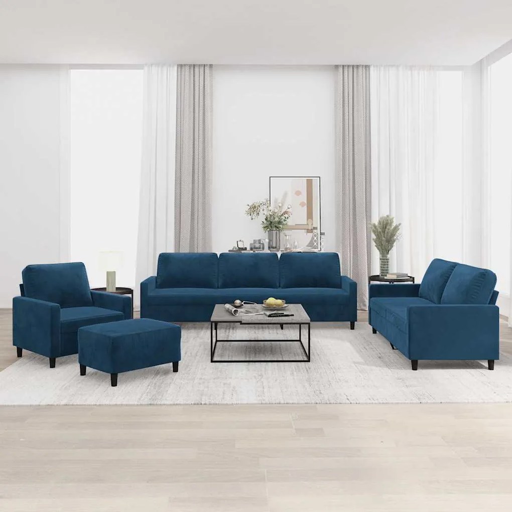 vidaXL 4 pcs conjunto de sofás com almofadões veludo azul
