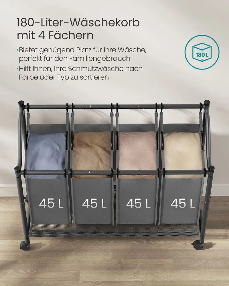 Cesto da roupa suja 105 x 38,5 x 67/81 cm com rodas 4 x 45 L cinza ardósia