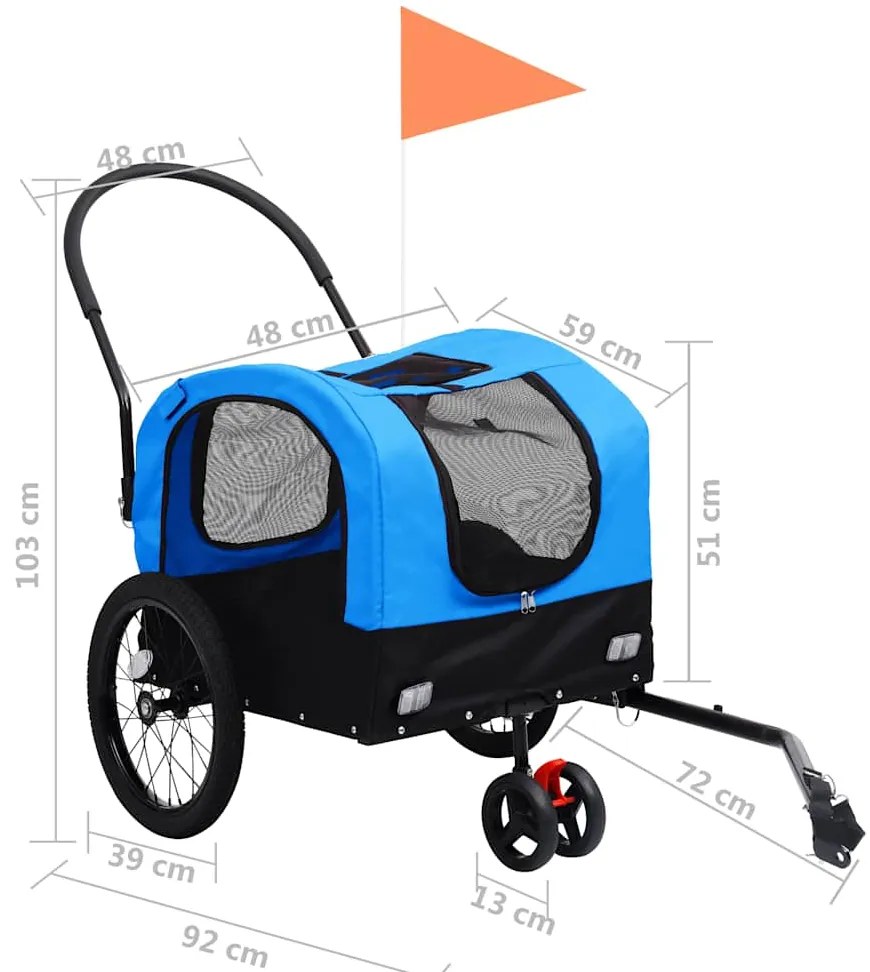 Reboque bicicletas/carrinho para animais 2-em-1 azul/preto