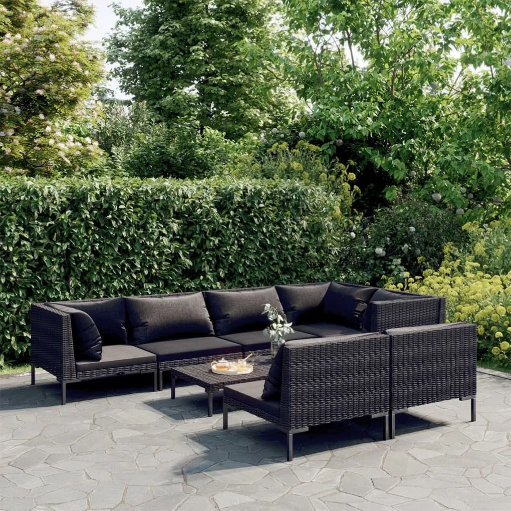 vidaXL 8 pcs conj. lounge jardim c/ almofadões vime PE cinzento-escuro