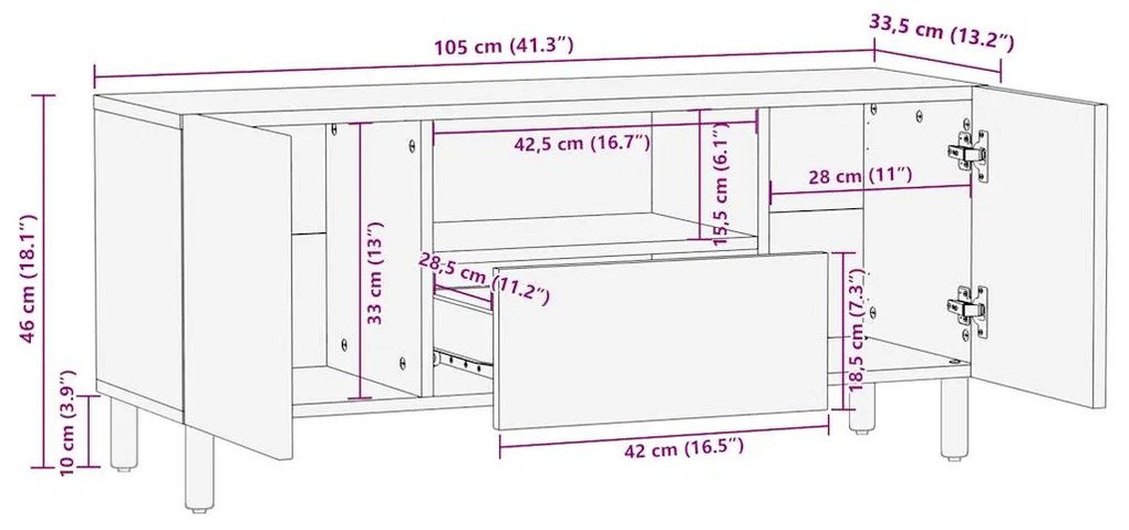 Móvel de TV 105x33,5x46cm madeira mangueira áspera maciça preto