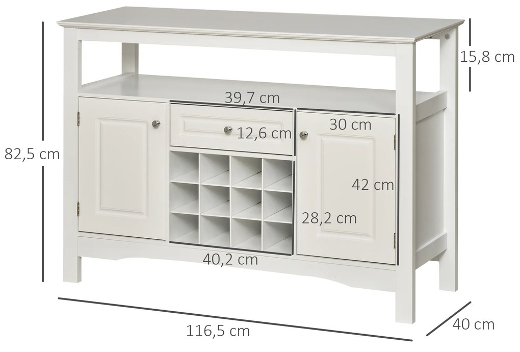 Aparador de Cozinha com 1 Gaveta 1 Prateleira Aberta 2 Portas e Suporte para 12 Garrafas 116,5x40x82,5 cm Branco