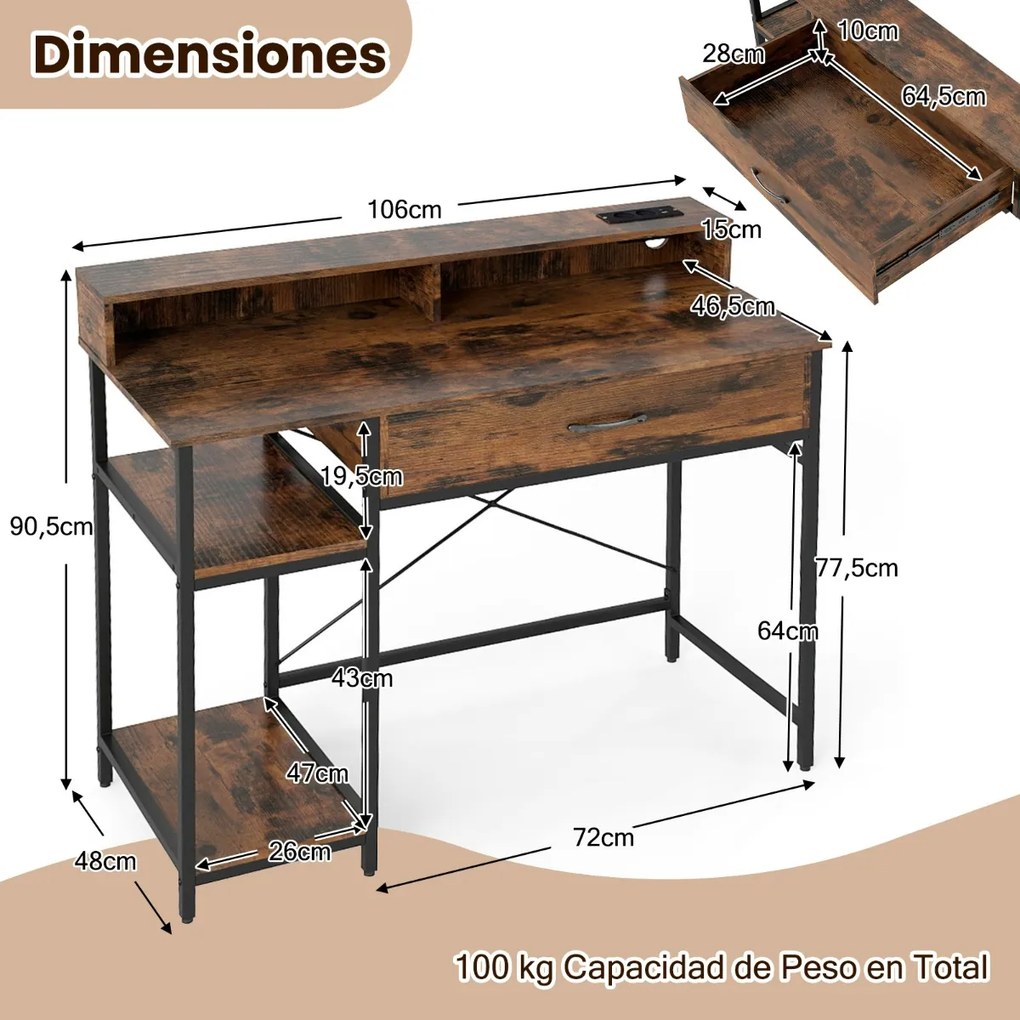 Secretária para computador 106 x 48 x 90 cm com tomadas com armário superior, gaveta e 2 prateleiras abertas Estrutura Castanha