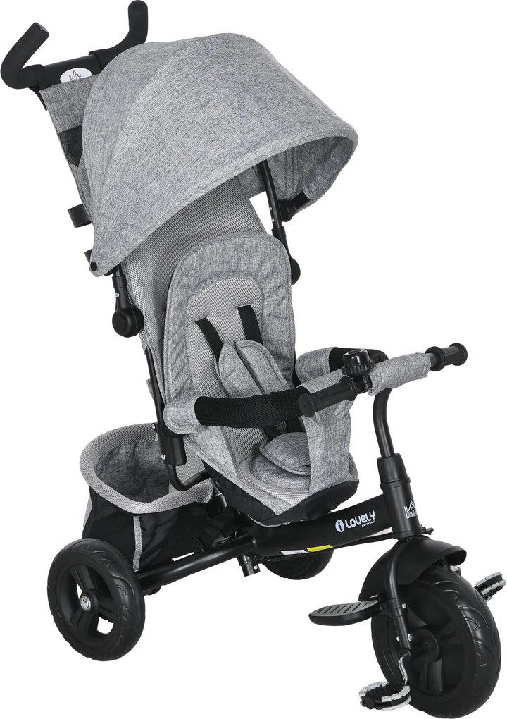 HOMCOM Triciclo Bebés 2 em 1 +12 Meses Capota Dobrável Guiador Telescópico Removível Bolsa Porta-garrafas 95x50x106 cm Cinza | Aosom Portugal