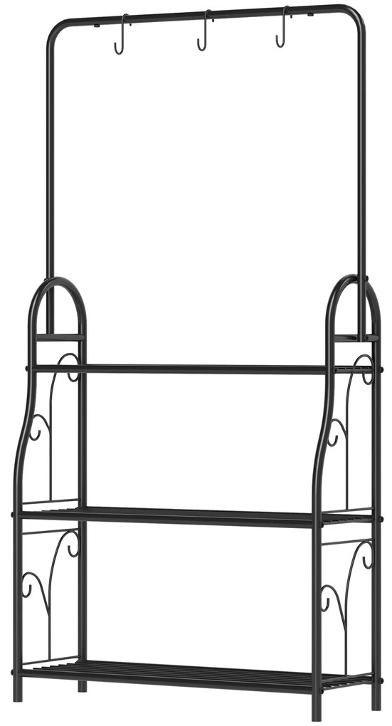 Suporte para Plantas de 3 Níveis Suporte para Vasos de Plantas com Ganchos de Metal Barra para Pendurar 75x25x137 cm Preto