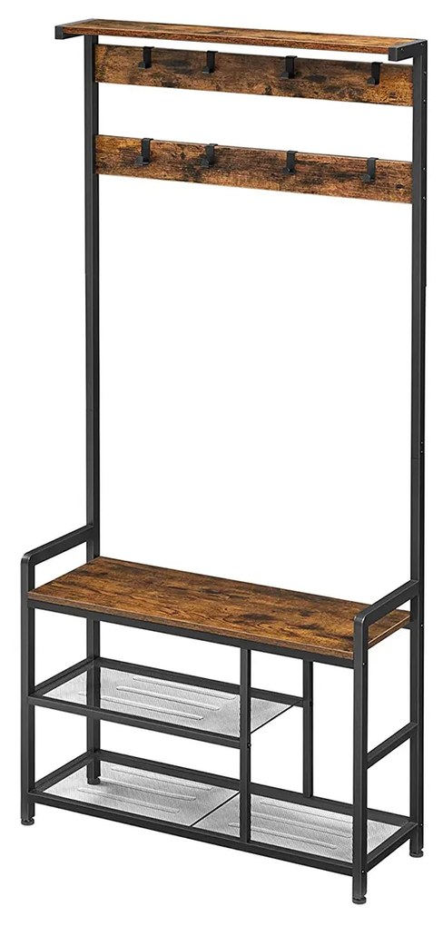 Cabideiro de hall com 8 ganchos, banco e prateleiras | VASAGLE | 84 x 30 x 182 cm | preto|envelhecido | HSR088B01.
