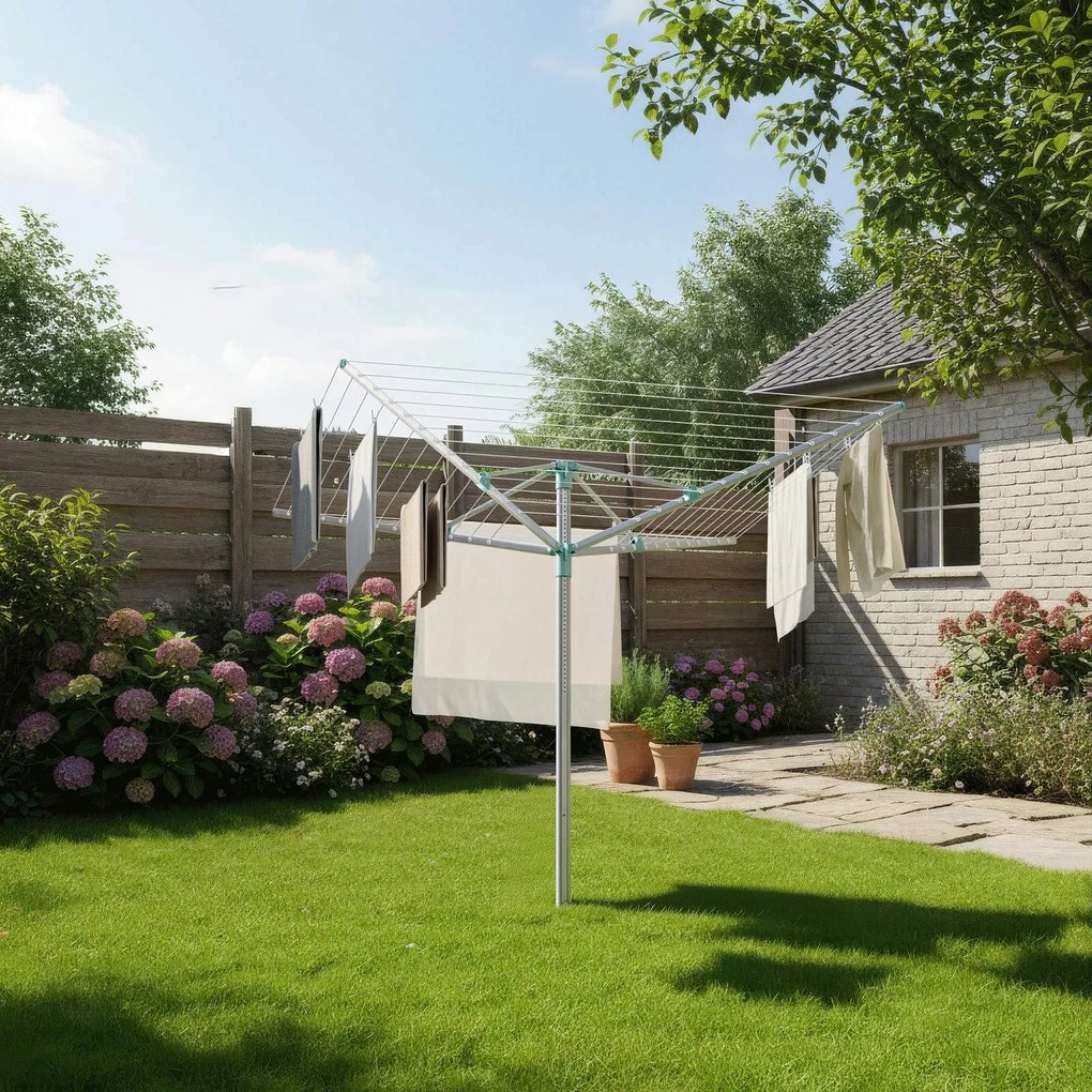 Estendal de roupa giratório139,4 x 139,4 x (120-180) cm , com altura ajustável, verde e prateado