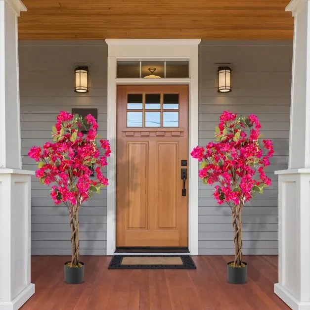 Conjunto 2 Árvores de buganvílias artificiais 120 cm Planta de jardim falsa decorativa em vaso com flores vermelho