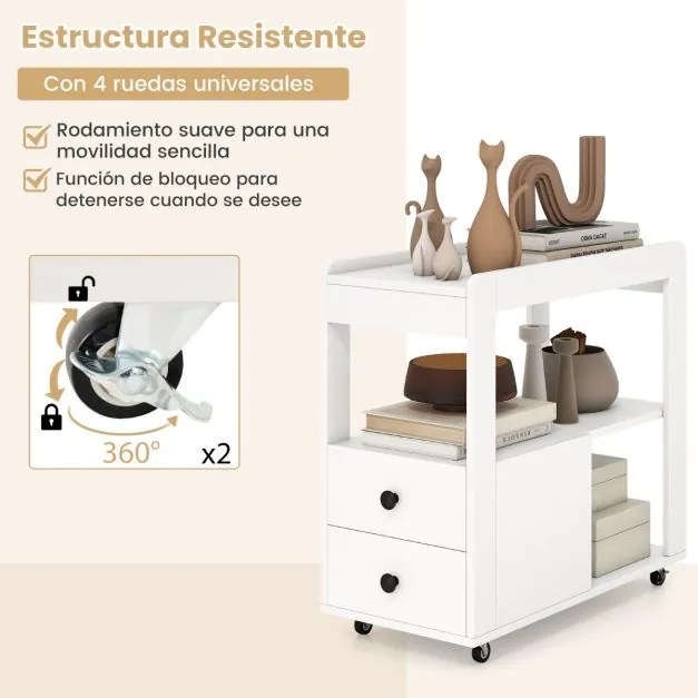 Mesa Lateral para Sofá ou Mesa de Cabeceira 65 x 30 x 62 cm com 2 Gavetas e Prateleiras Abertas com Rodas para Sala Branco