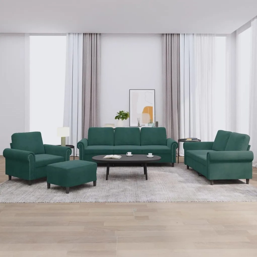4 pcs conjunto de sofás com almofadões veludo verde-escuro