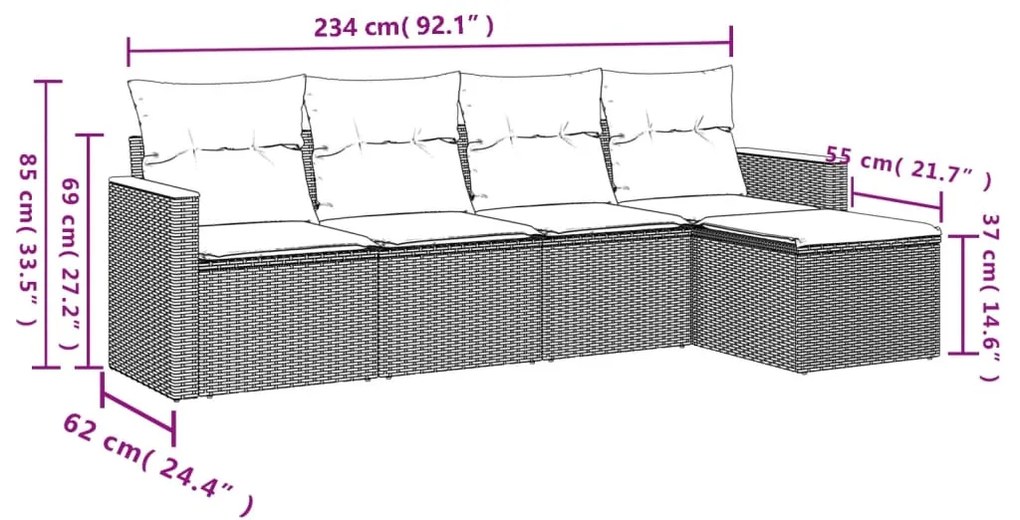 5 pcs conjunto de sofás p/ jardim com almofadões vime PE bege