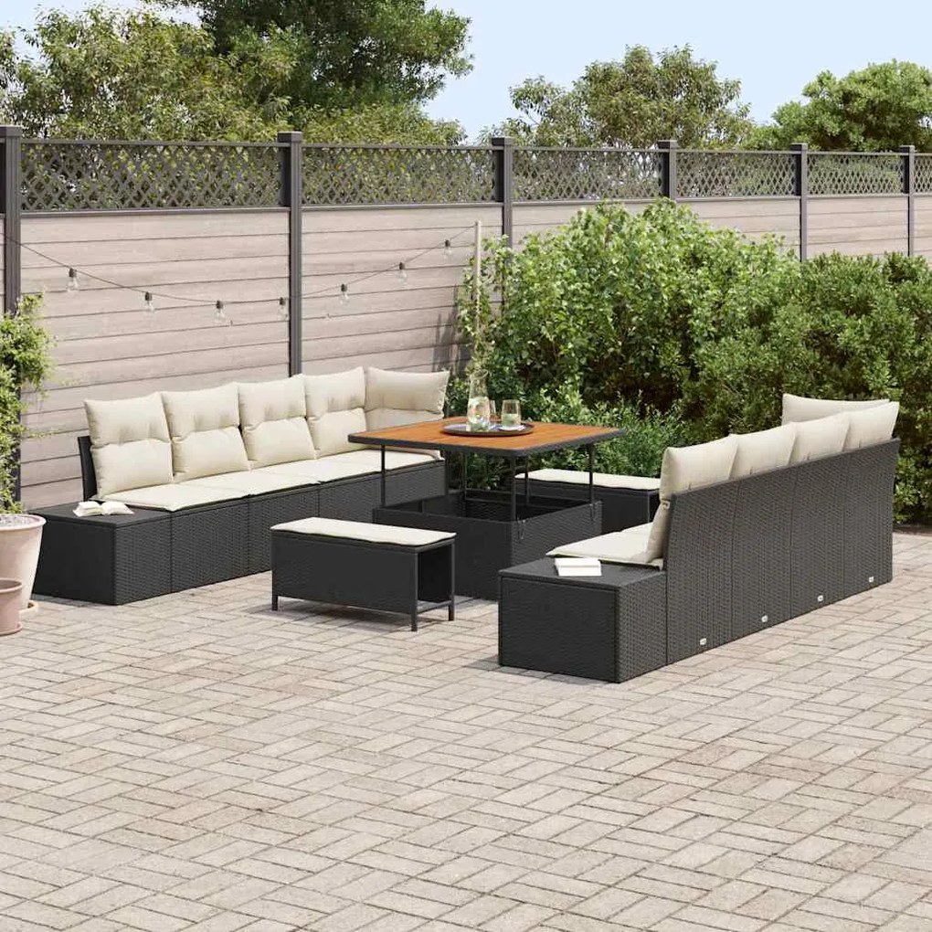Conjunto de Sofá de Jardim 11 Peças com Almofadas Rattan Preto de Acác