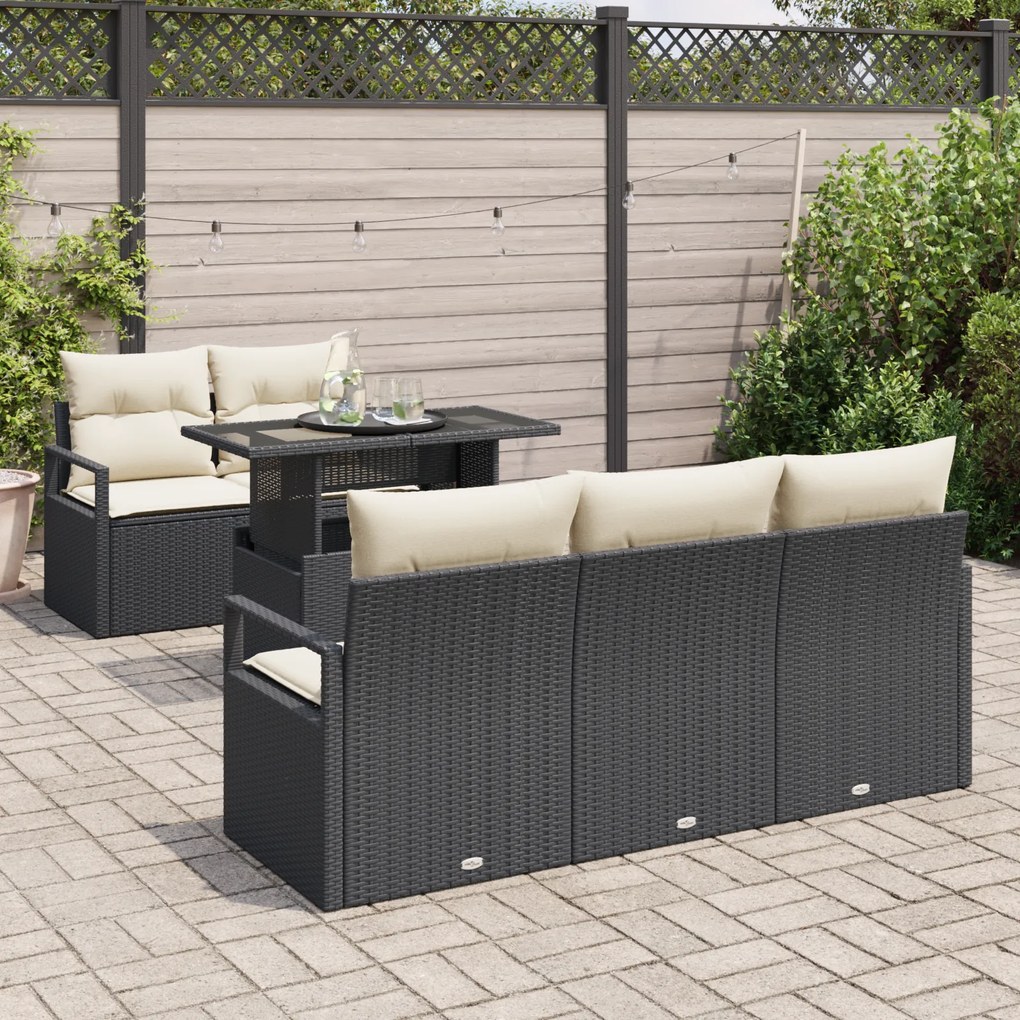 Conjunto de Sofás de Jardim de 6 Peças com Almofadas Preto Rattan Poli