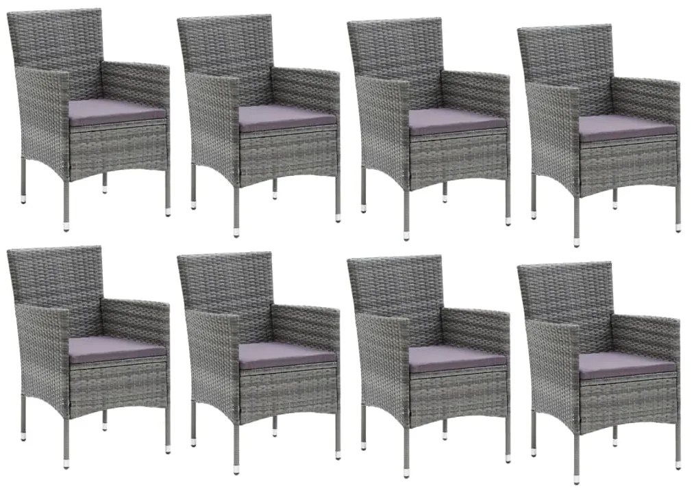 9 pcs conjunto jantar p/ jardim c/ almofadões vime PE cinzento