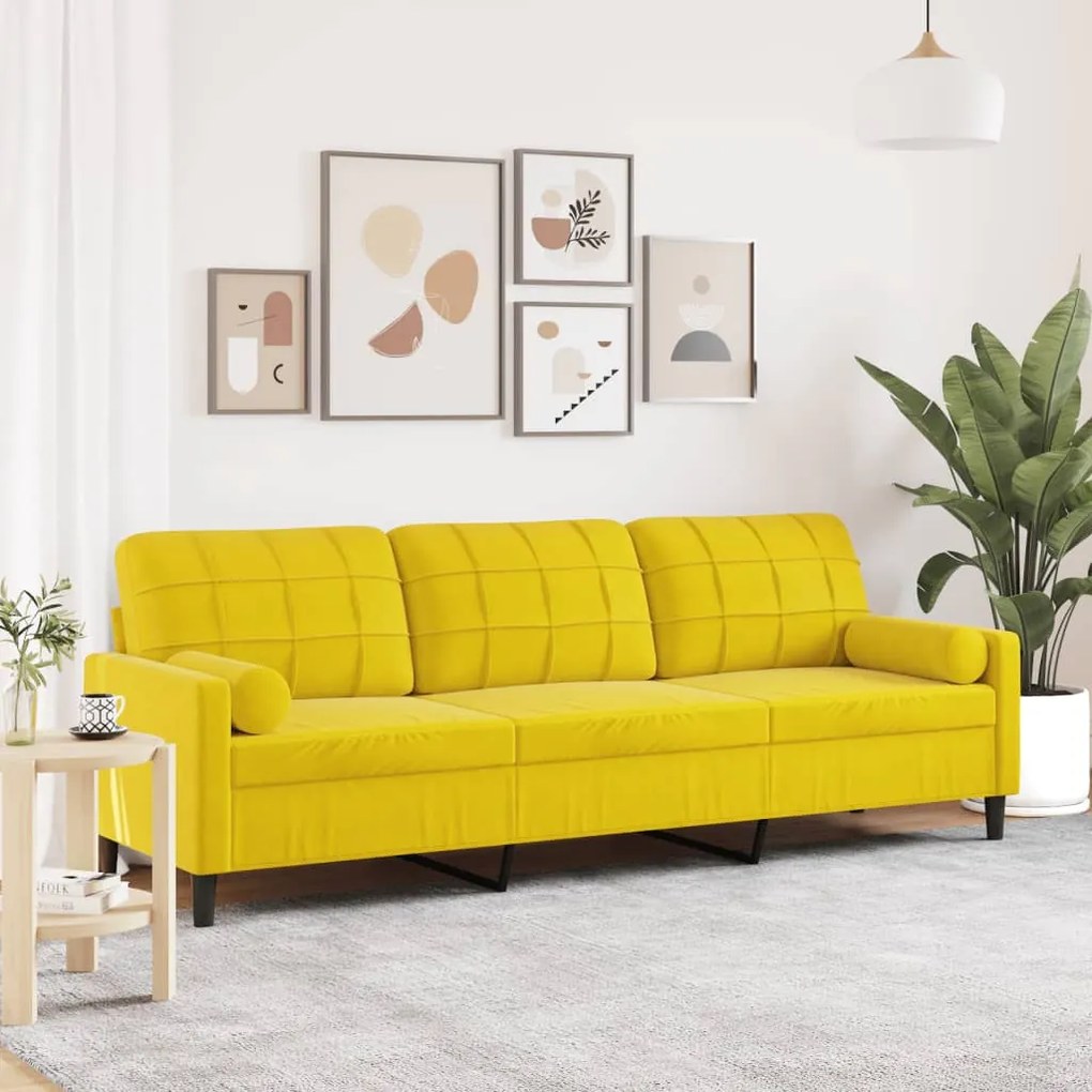 Sofá 3 lugares c/ almofadas decorativas 210 cm veludo amarelo