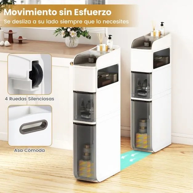 Armário de casa de banho em plástico com 4 prateleiras 43 x 18 x 88 cm, organizador de base estreita de 18 cm, com 2 gavetas e caixa para lenços, bran