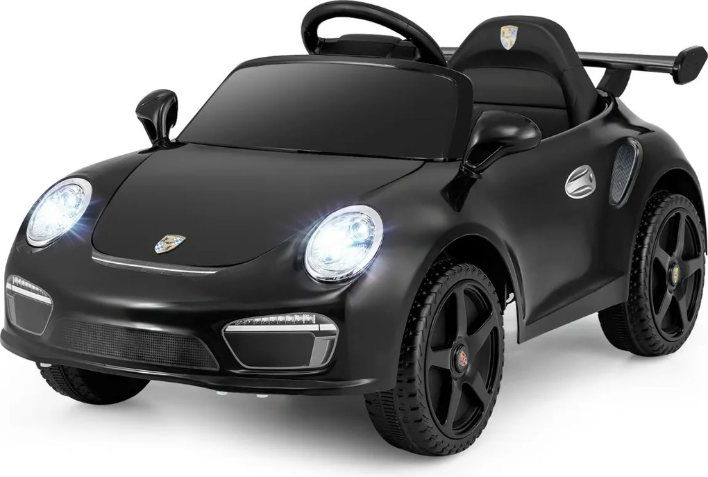 Carro elétrico para crianças de 12 V Porsche licenciado com comando à distância, música, luzes LED, buzina, arranque suave, Preto