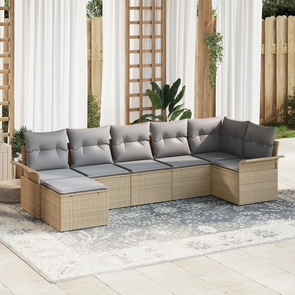 Conjunto de Sofá de Jardim vidaXL 7 Peças com Almofadas Bege Rattan Poliéster