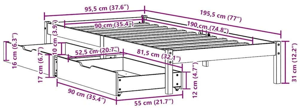 Cama sem colchão 90x190 cm madeira de pinho maciça branco