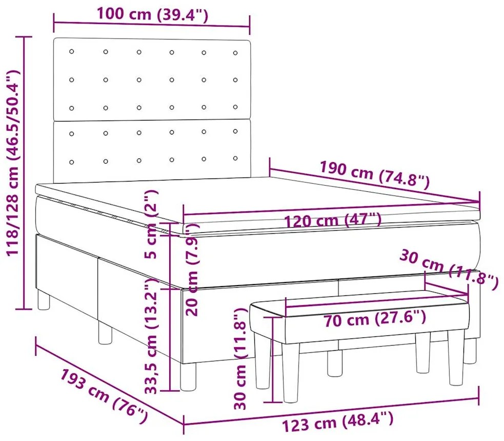 Cama boxspring c/ colchão 120x190cm tecido castanho-acinzentado