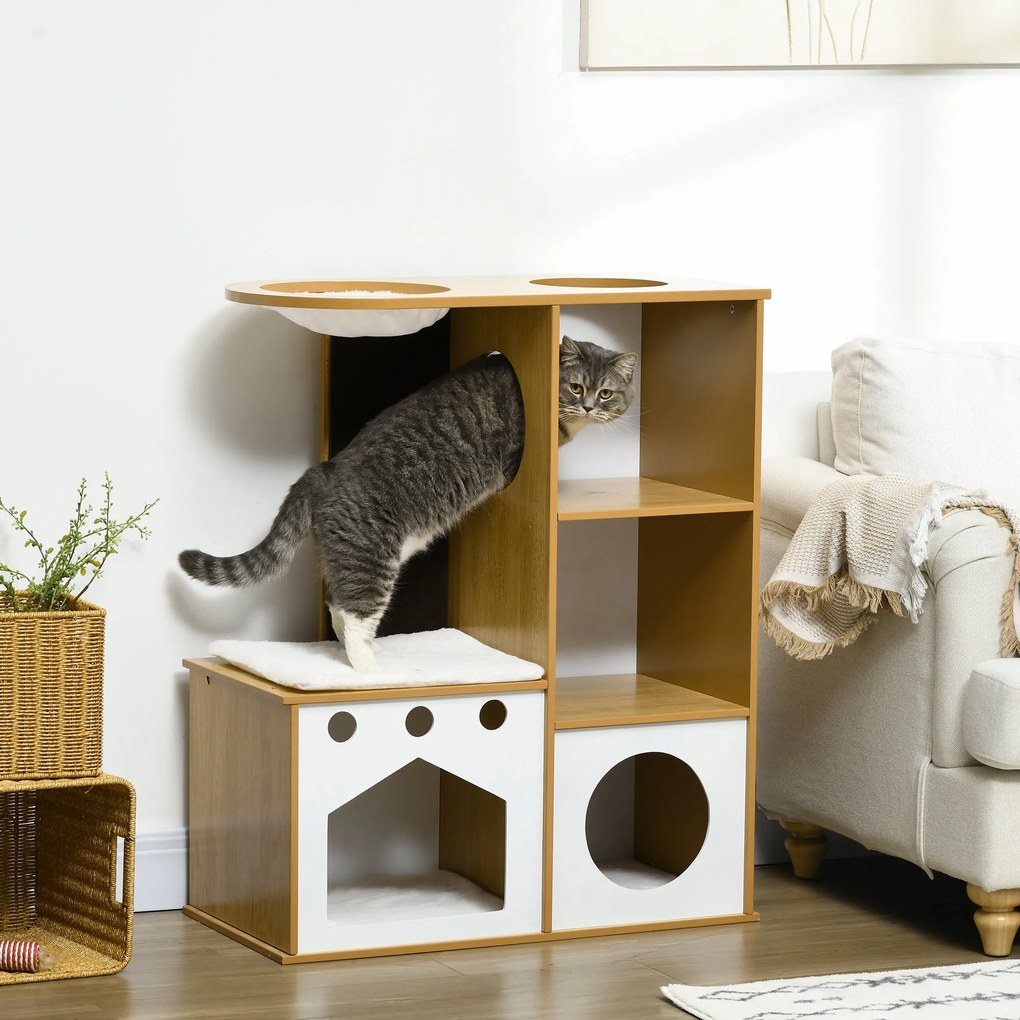 Árvore Arranhador para Gatos de Madeira 92,5cm Torre para Gatos com 2 Cavernas Arranhador Rede e Almofadas de Pélucia 76x37x92,5 cm Carvalho e Branco