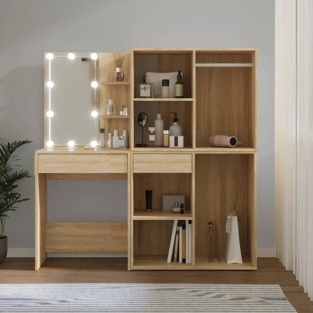 vidaXL Toucador 2 armários/luzes LED derivados madeira carvalho sonoma