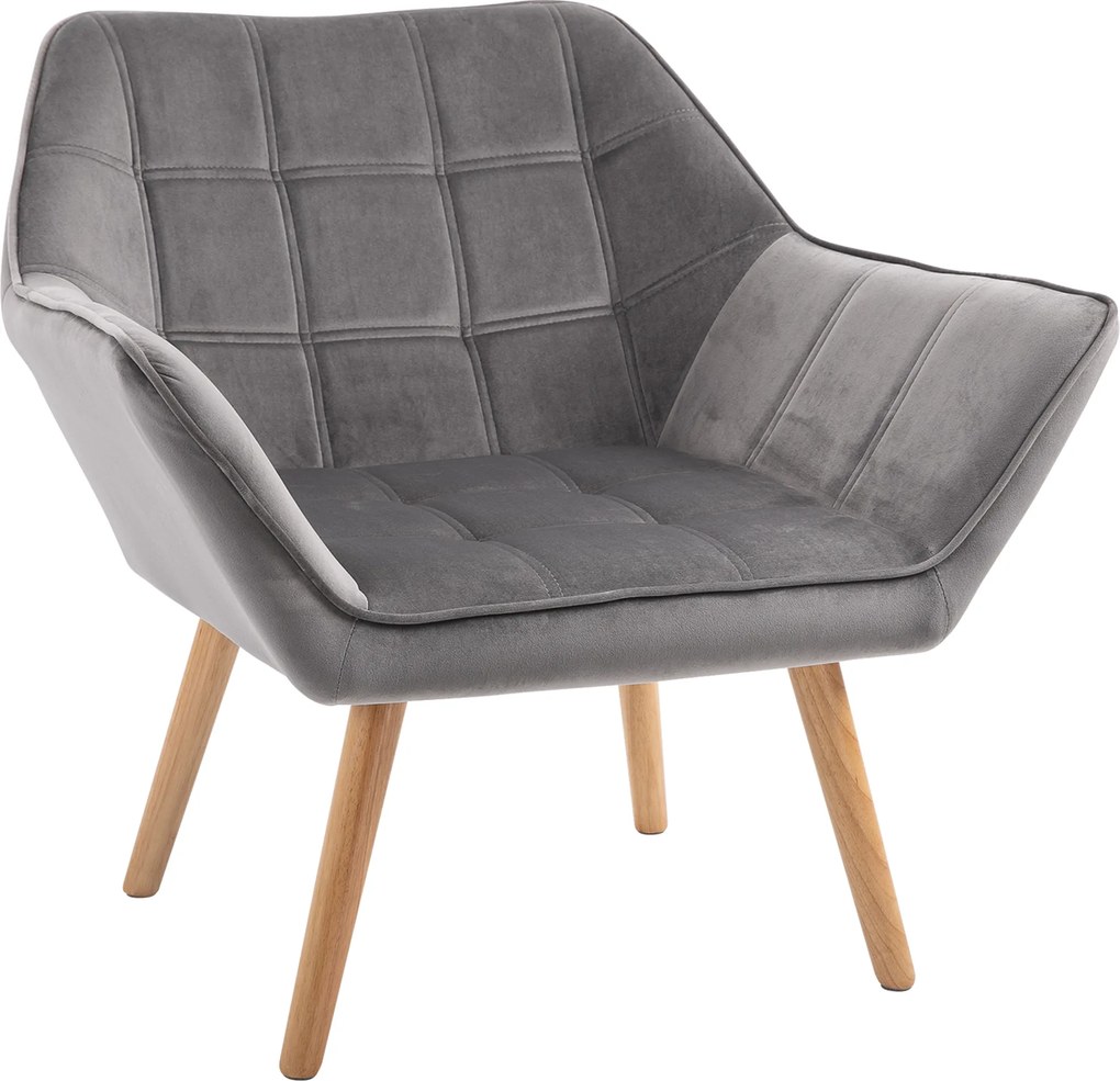 HOMCOM Poltrona para Sala Poltrona Relax Estofada em Veludo com Assento Amplo Pés em Madeira 67x61,5x71 cm Cinza | Aosom Portugal