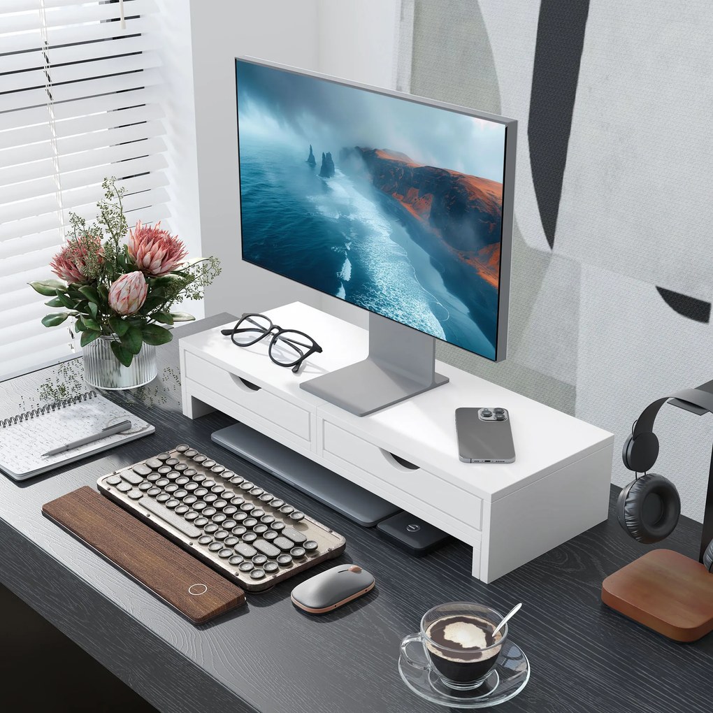 Suporte elevatório para monitor de computador de secretária, 60-116 C x 22 L x 12 A cm, com 2 gavetas, comprimento e ângulo ajustáveis branco
