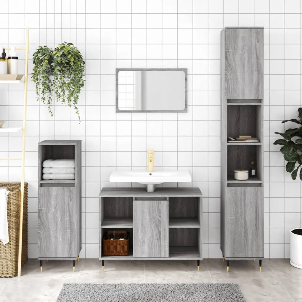 vidaXL 3 pcs Conjunto móveis casa de banho madeira proc. cinza sonoma
