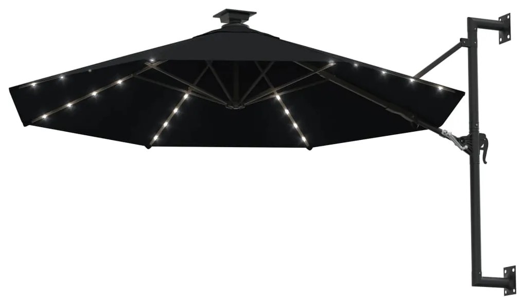 Guarda-sol para jardim de parede com luzes LED 300 cm preto