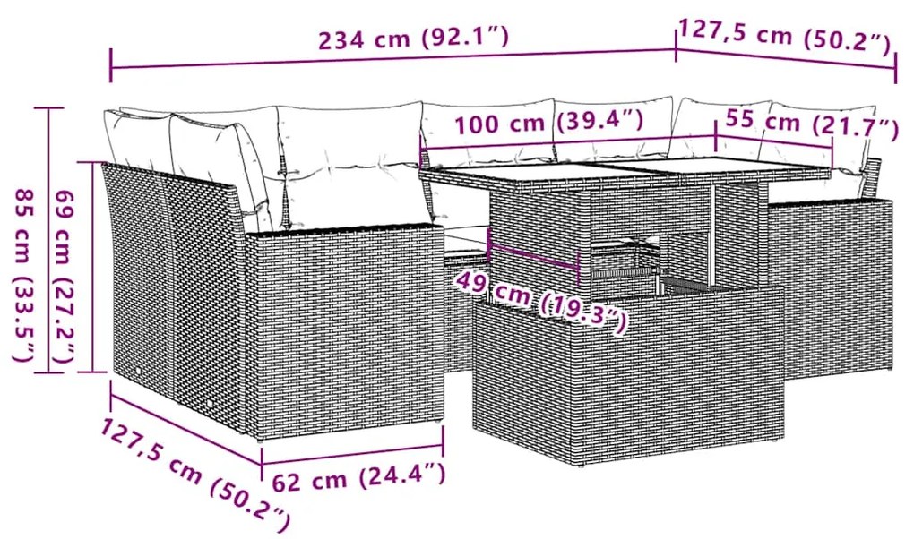 7 pcs conjunto de sofás p/ jardim c/ almofadões vime PE preto