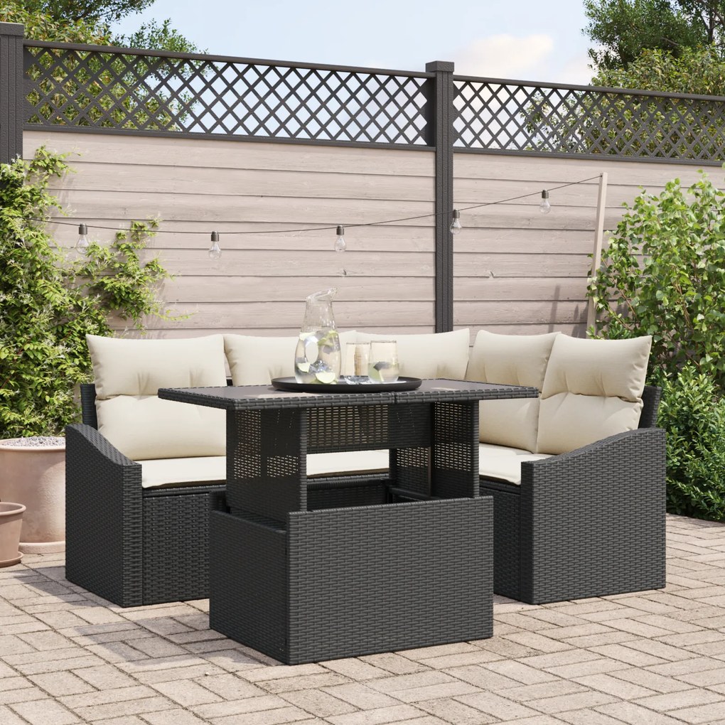 Conjunto de Sofá de Jardim em 5 Peças com Almofadas Preto Vime Rato