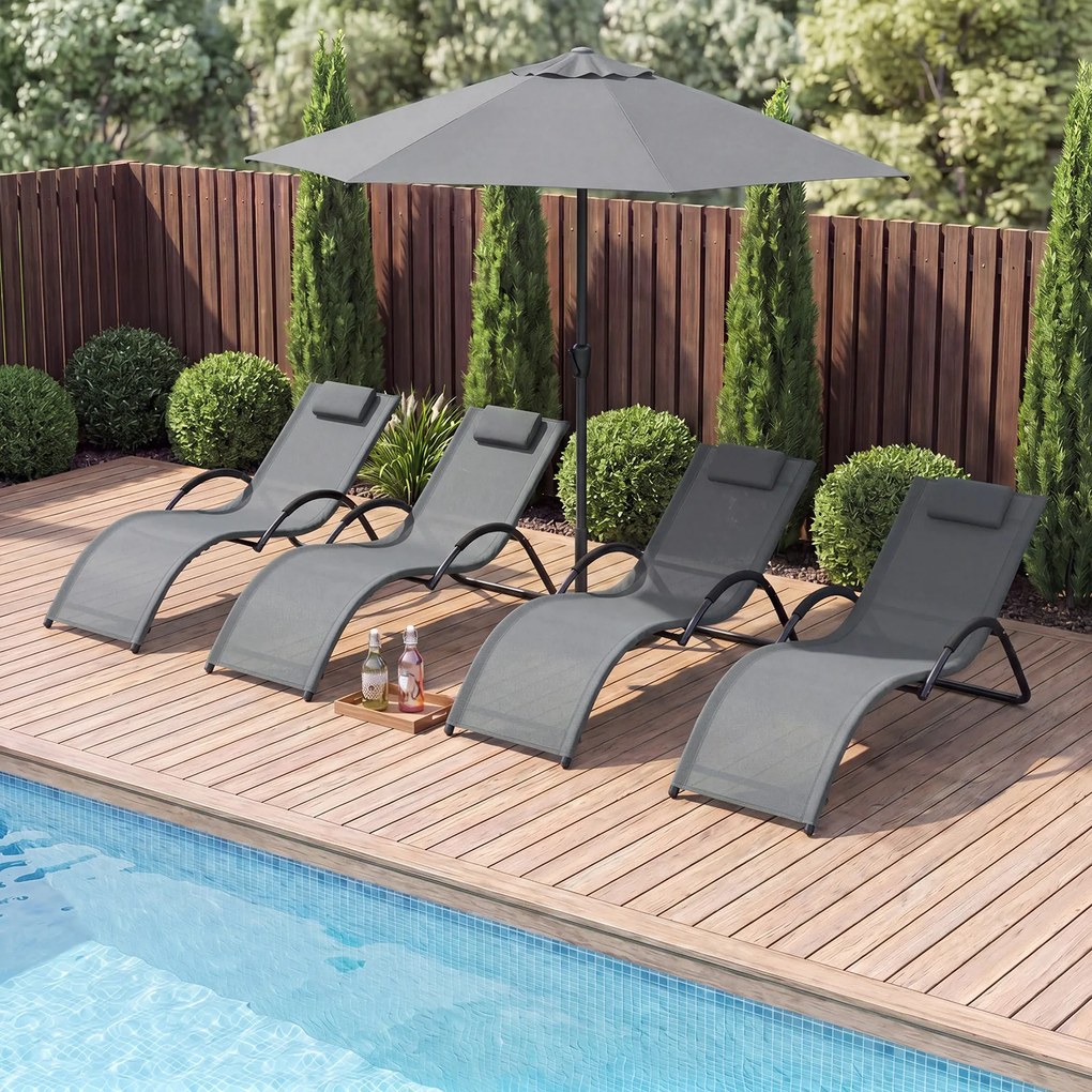 Espreguiçadeira de exterior com estrutura curva, apoio para a cabeça removível e apoios de braços ergonómicos, para jardim ou praia cinzenta