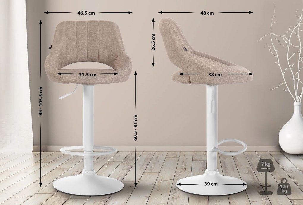 Banco de bar Milet em tecido e com estrutura branca 46,5 x 85-105,5 x 48 cm Castanho acinzentado