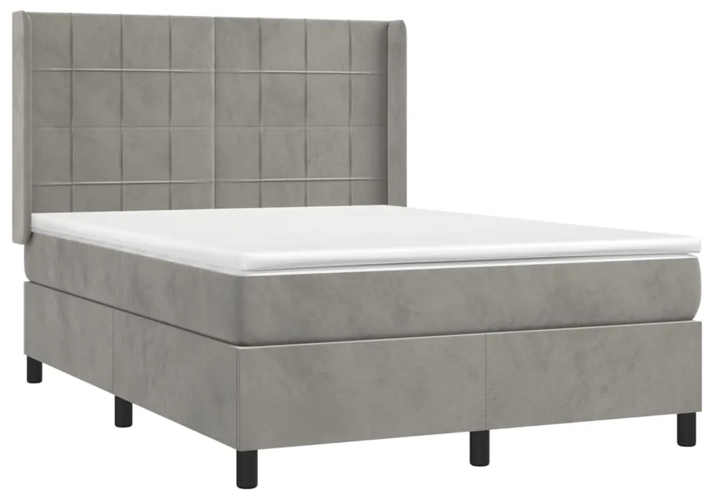 Cama box spring c/ colchão/LED 140x200 cm veludo cinzento-claro