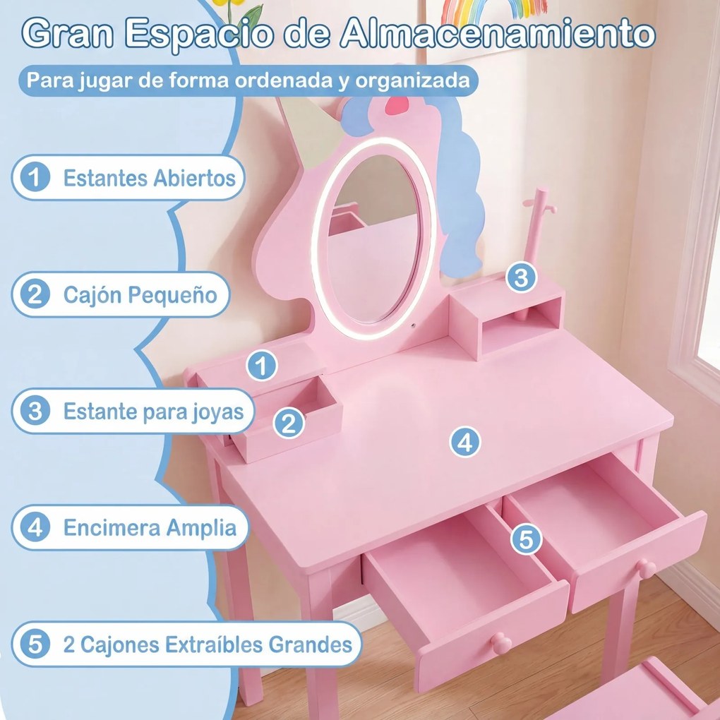 Conjunto de Toucador Infantil com Espelho de Unicórnio e Cadeira, 59 x 35 x 103 cm, Iluminação LED Ajustável, Rosa