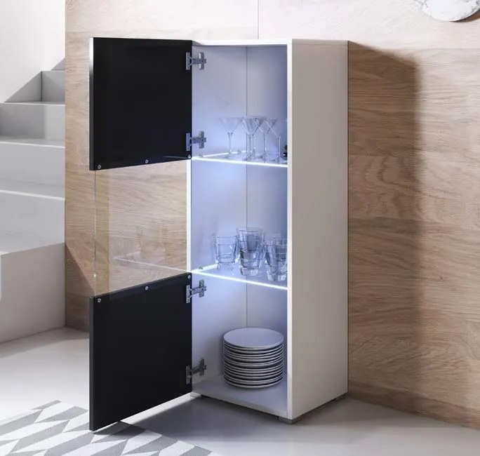 Vitrine Alta Silgueiros – 40x128 cm – Branco e Preto com LED Azul – Co