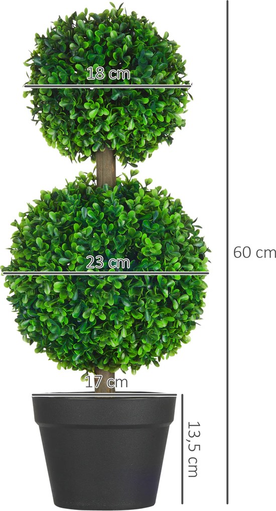 Conjunto de 2 árvores artificiais de buxo com duas esferas, incluindo tronco e vaso - altura 60 cm, verde