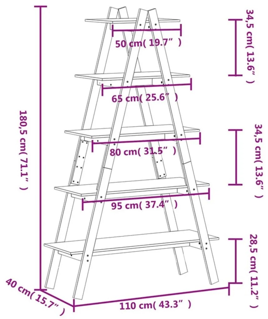 Estante c/ 5 prateleiras forma de A 110x40x180,5cm pinho maciço