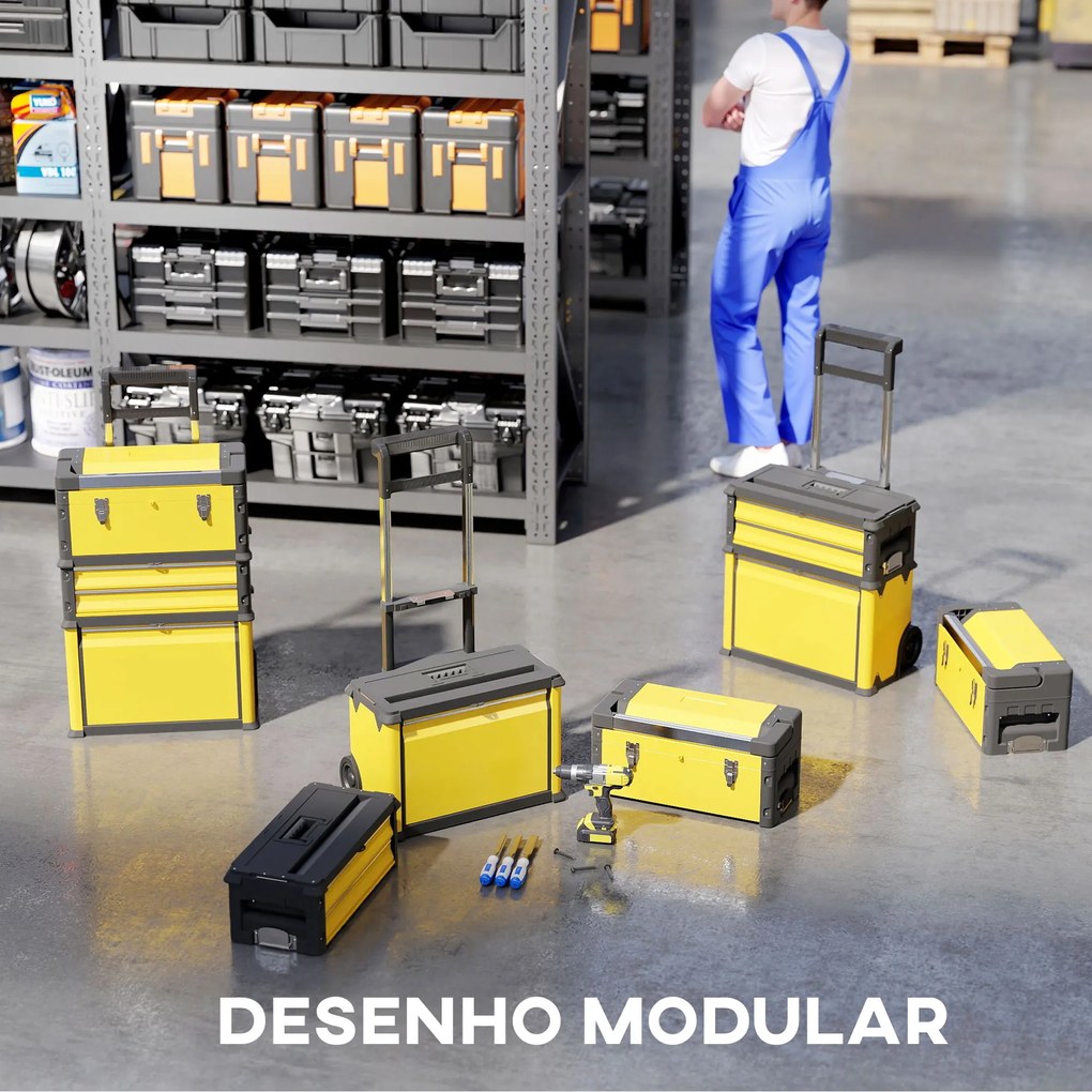 Caixa de Ferramentas Empilhável 3 em 1 Caixa de Ferramentas com Rodas Carro de Ferramentas de Aço 52x32x72 cm Amarelo e Preto