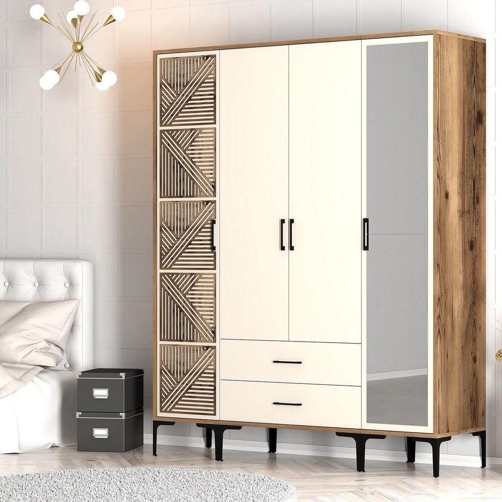 Roupeiro Kumsal PTR – Nogueira e Creme – 160x47,5x201,4 cm