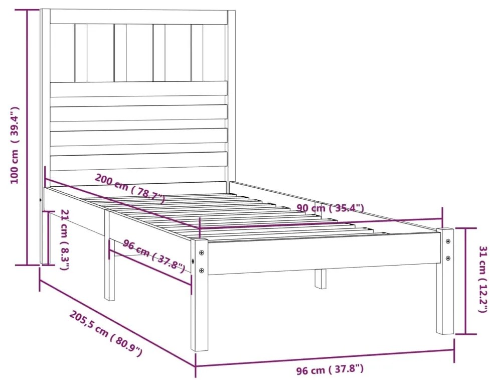 Estrutura de cama 90 x 200 cm madeira de pinho maciça