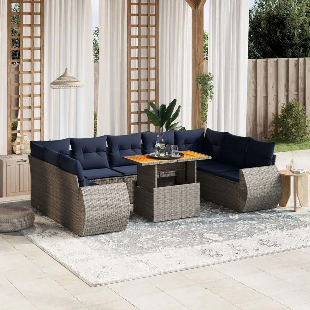 vidaXL 10 pcs conjunto sofás p/ jardim c/ almofadões vime PE cinzento