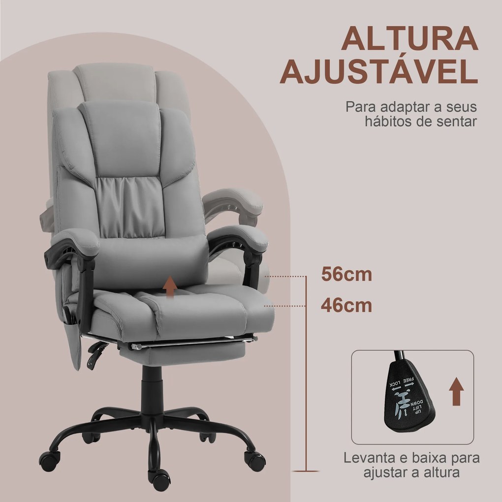 Cadeira de Escritório com Massagem de 6 Pontos Encosto Alto Reclinável Apoio para Pés e Controlo Remoto 66x75x112-122 cm Cinza