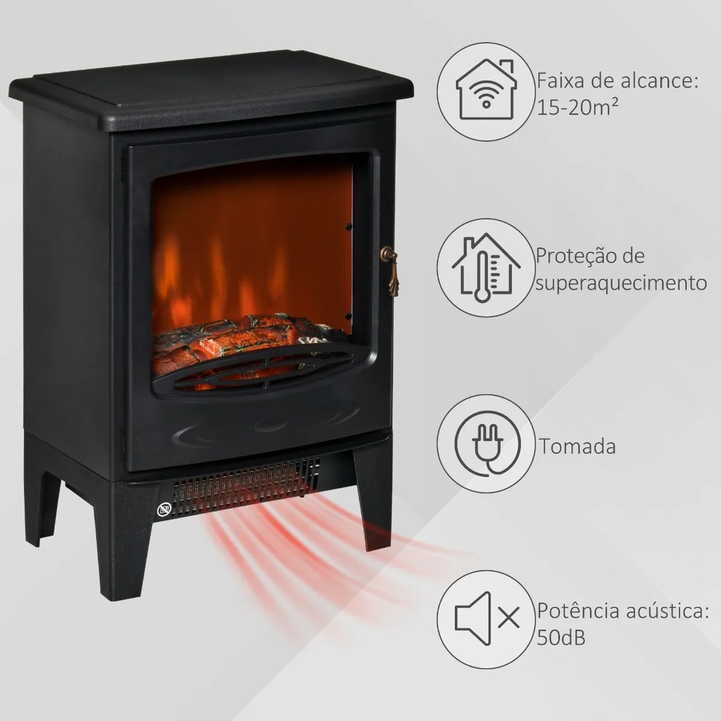 Lareira Elétrica Portátil Potência 900/1800W com Efeito de Chama Realista Termostato Ajustável e Proteção contra Superaquecimento até 20m² 39x26x54,8c