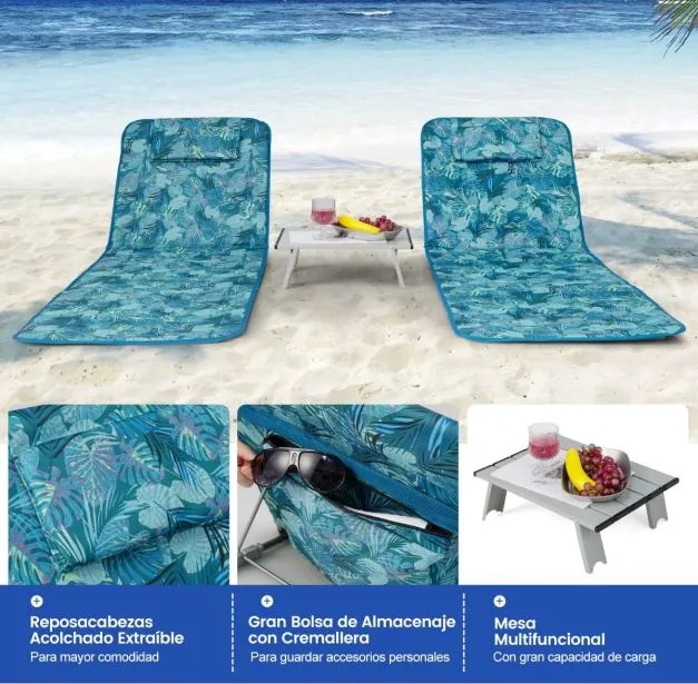 Conjunto de 2 espreguiçadeiras de praia dobráveis Tapetes de praia com mesa portáteis para a praia, jardim, campismo Verde