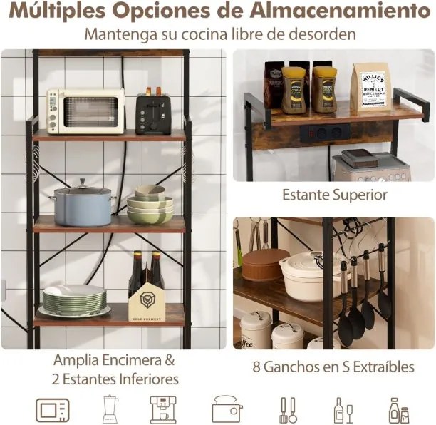 Armário de cozinha com tomadas Estante de micro-ondas de 4 níveis com 8 ganchos 59 x 34 x 136 cm Castanho