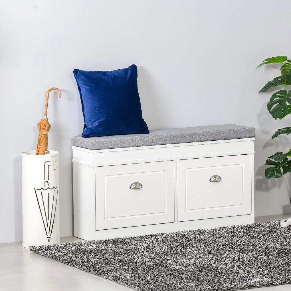 Banco Sapateiro com Armazenamento para 8 Pares de Sapatos com 2 Gavetas Prateleiras Ajustáveis e Almofada Acolchoada para Entrada Corredor 104x24x55cm