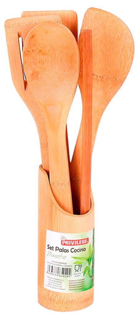 Conjunto 5 Colheres Cozinha Bambu com Suporte 30cm