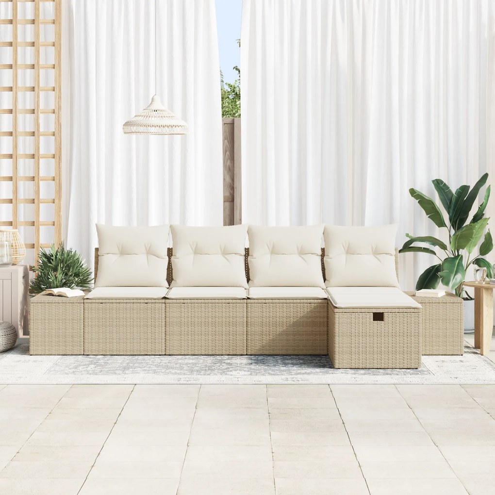 Conjunto de Sofás de Jardim de 5 Peças com Almofadas Bege Rattan Polie